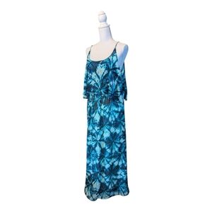 Faded Glory Aqua Tie-Dye Beach Maxi Dress Tiered Ruffled Top Hem XL (16-18)